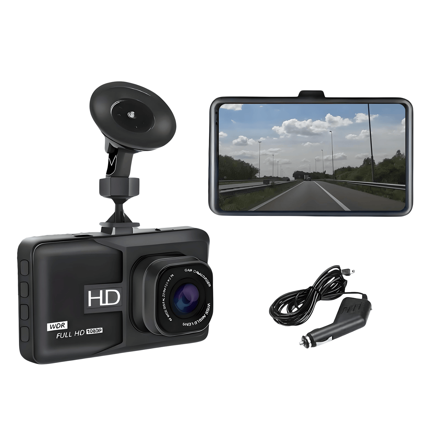 SafeVision Pro dashcam met zuignapbevestiging, groot display, 1080p Full HD opnamekwaliteit en sigarettenaanstekerkabel â ideaal voor duidelijke videobeelden tijdens het rijden.