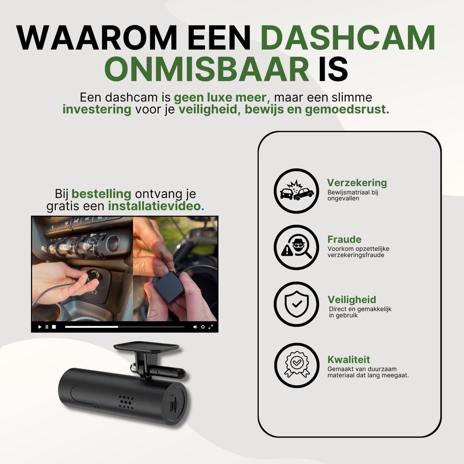 Uitleg waarom een dashcam zoals de VoiceGuard Pro onmisbaar is â voordelen zoals verzekering, fraudepreventie, veiligheid en kwaliteit met installatievideo