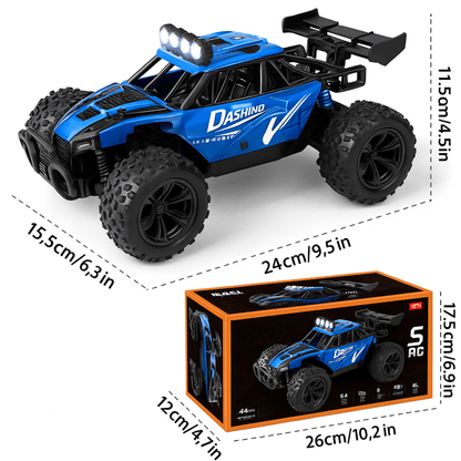 Blauwe Dashino RC auto met LED-verlichting en robuuste banden, afgebeeld naast verpakking met afmetingen.