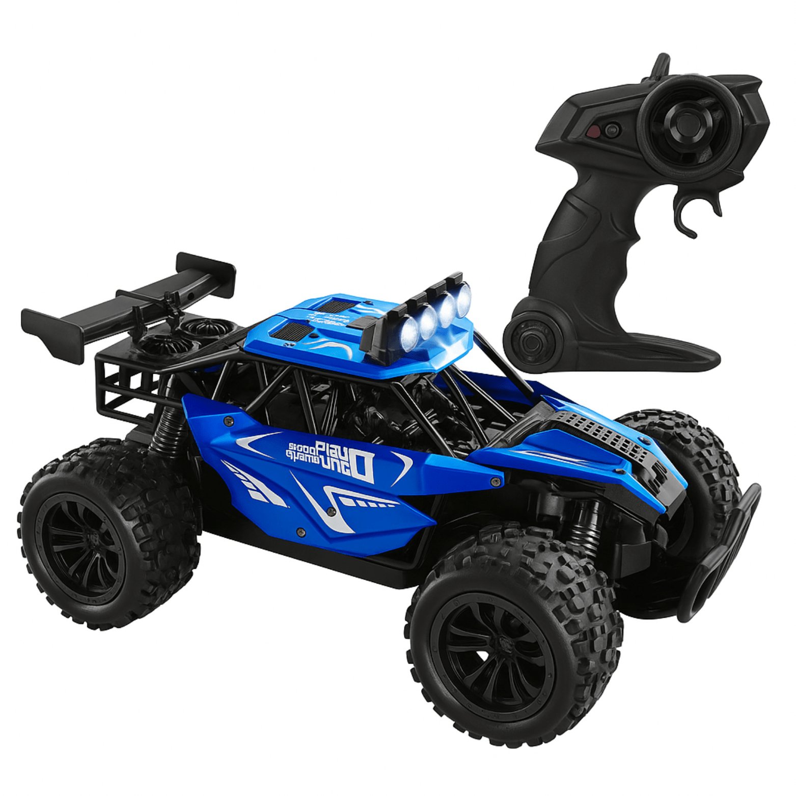 Blauwe DashRacer™ bestuurbare auto met afstandsbediening, offroad banden en LED-verlichting op het dak.