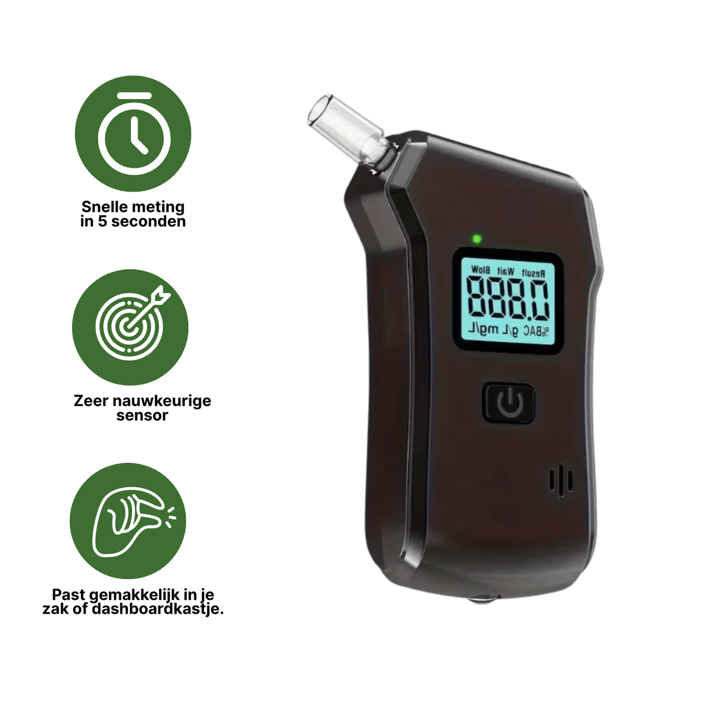Zwarte DriveSafe alcoholtester met verlicht display, compacte vorm en visuele uitleg over functies.