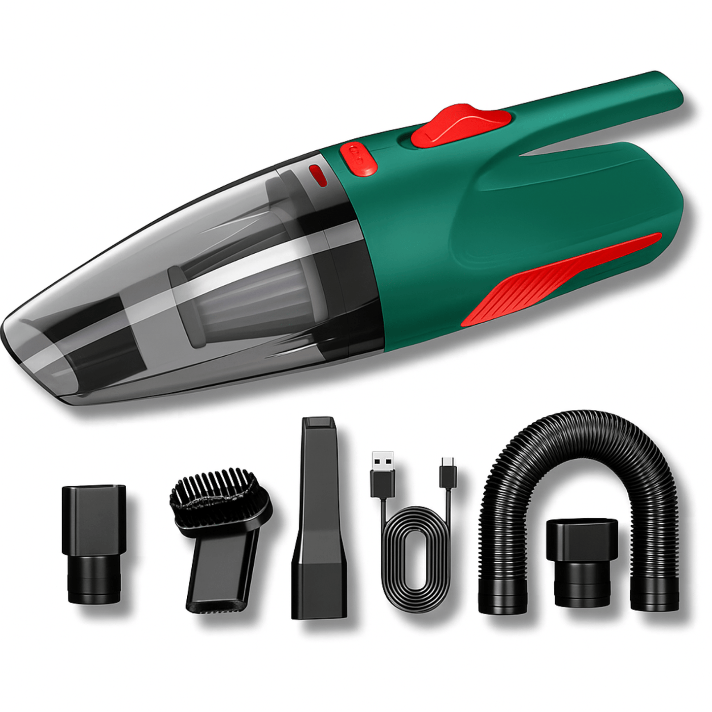 Groen-rode Dustero autostofzuiger met opzetstukken, borstel, USB-kabel en flexibele slang voor autointerieur.