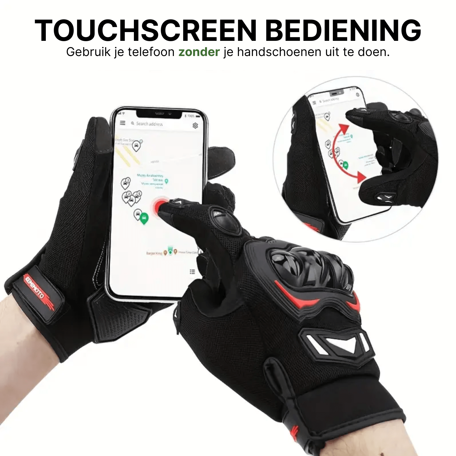 Zwarte MotoGrip motorhandschoenen met rode accenten die gebruikt worden voor bediening van een smartphone met touchscreen.