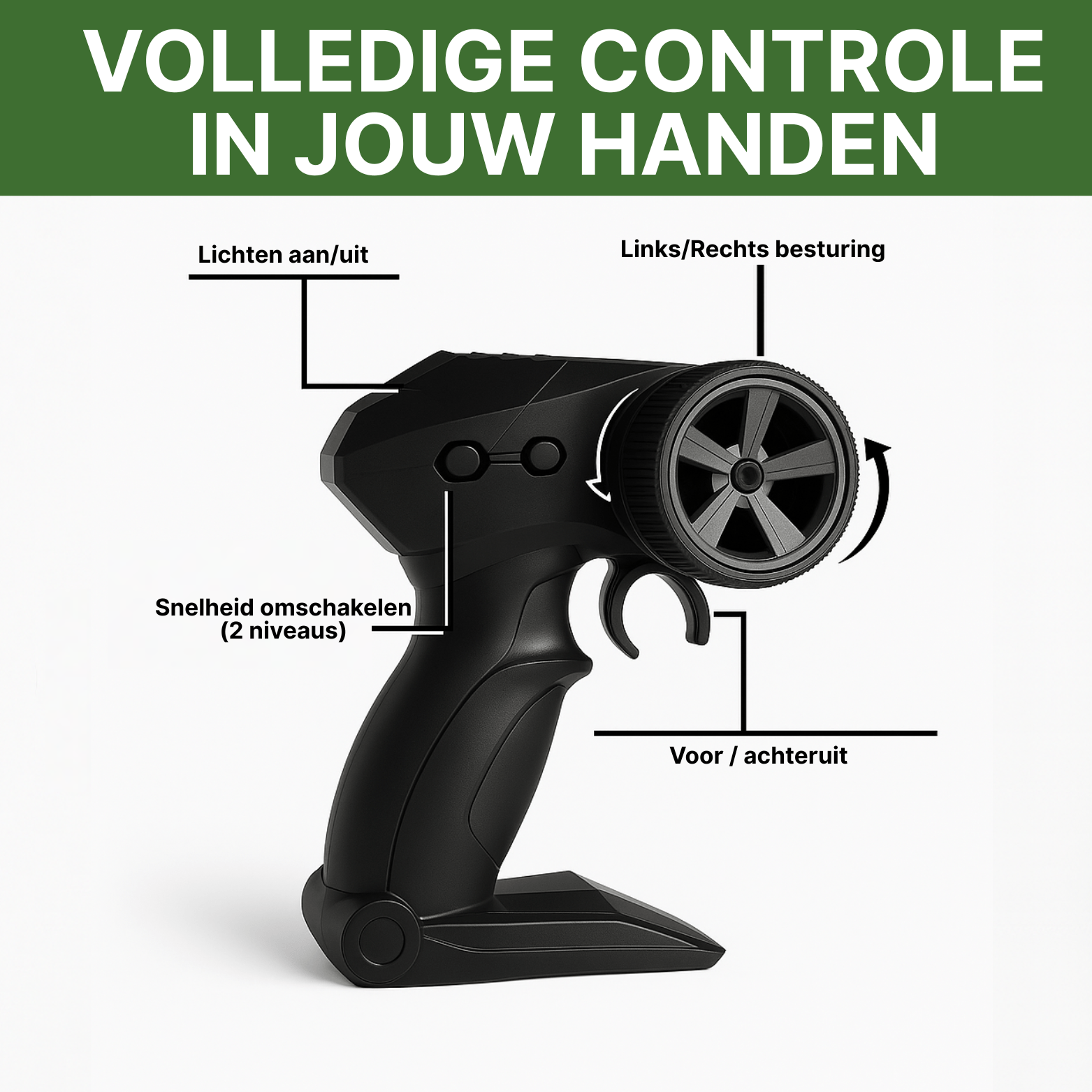 Zwarte RC afstandsbediening met knoppen voor licht, snelheidsregeling en stuurbediening voor bestuurbare auto.