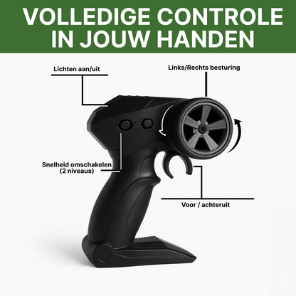 Zwarte RC afstandsbediening met knoppen voor licht, snelheidsregeling en stuurbediening voor bestuurbare auto.