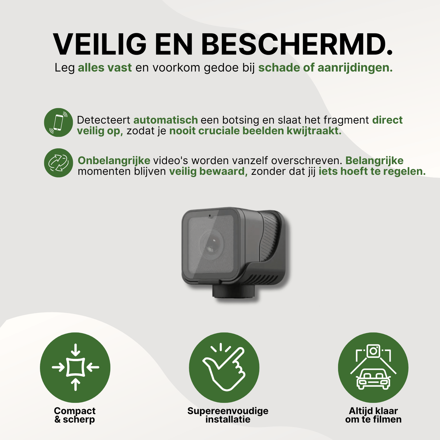 Zwarte RideGuard Pro dashcam met compacte behuizing en automatische botsdetectie voor veilige opname.