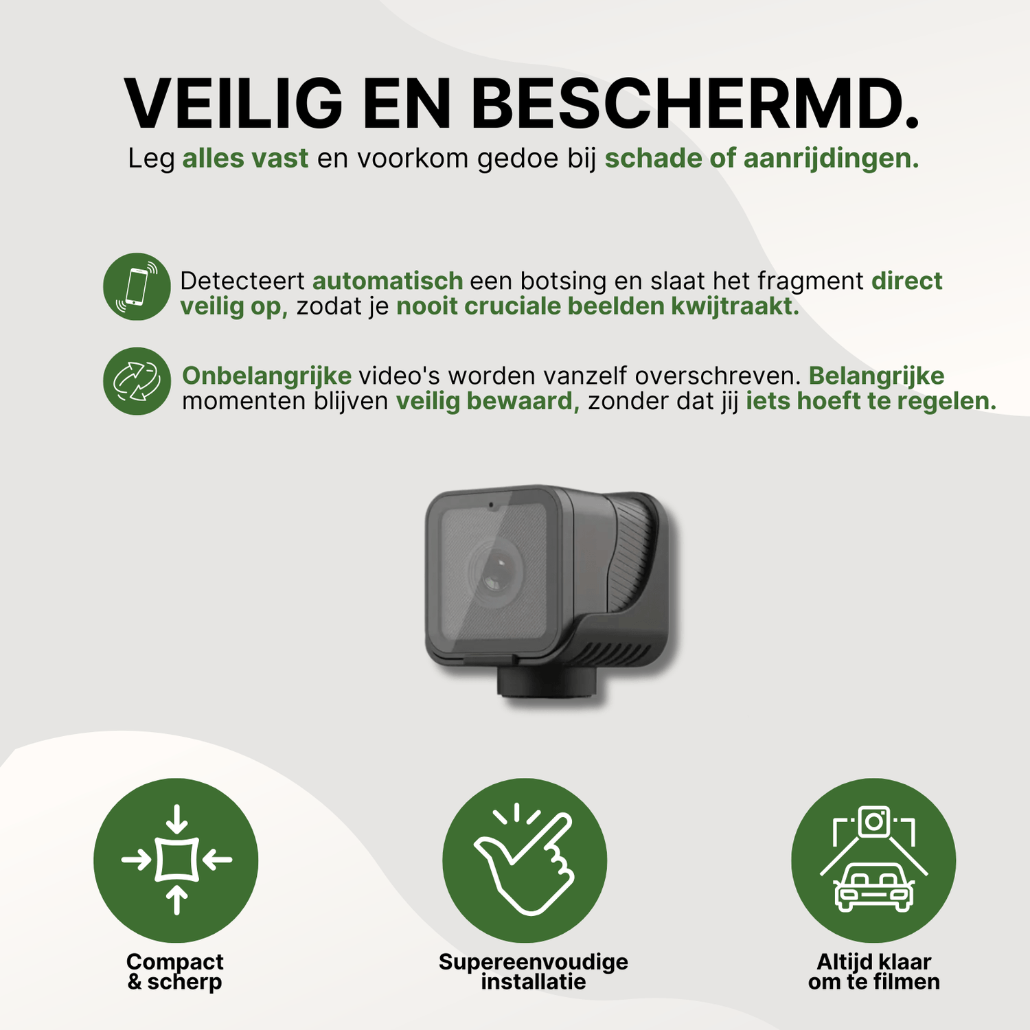 Zwarte RideGuard Pro dashcam met compacte behuizing en automatische botsdetectie voor veilige opname.