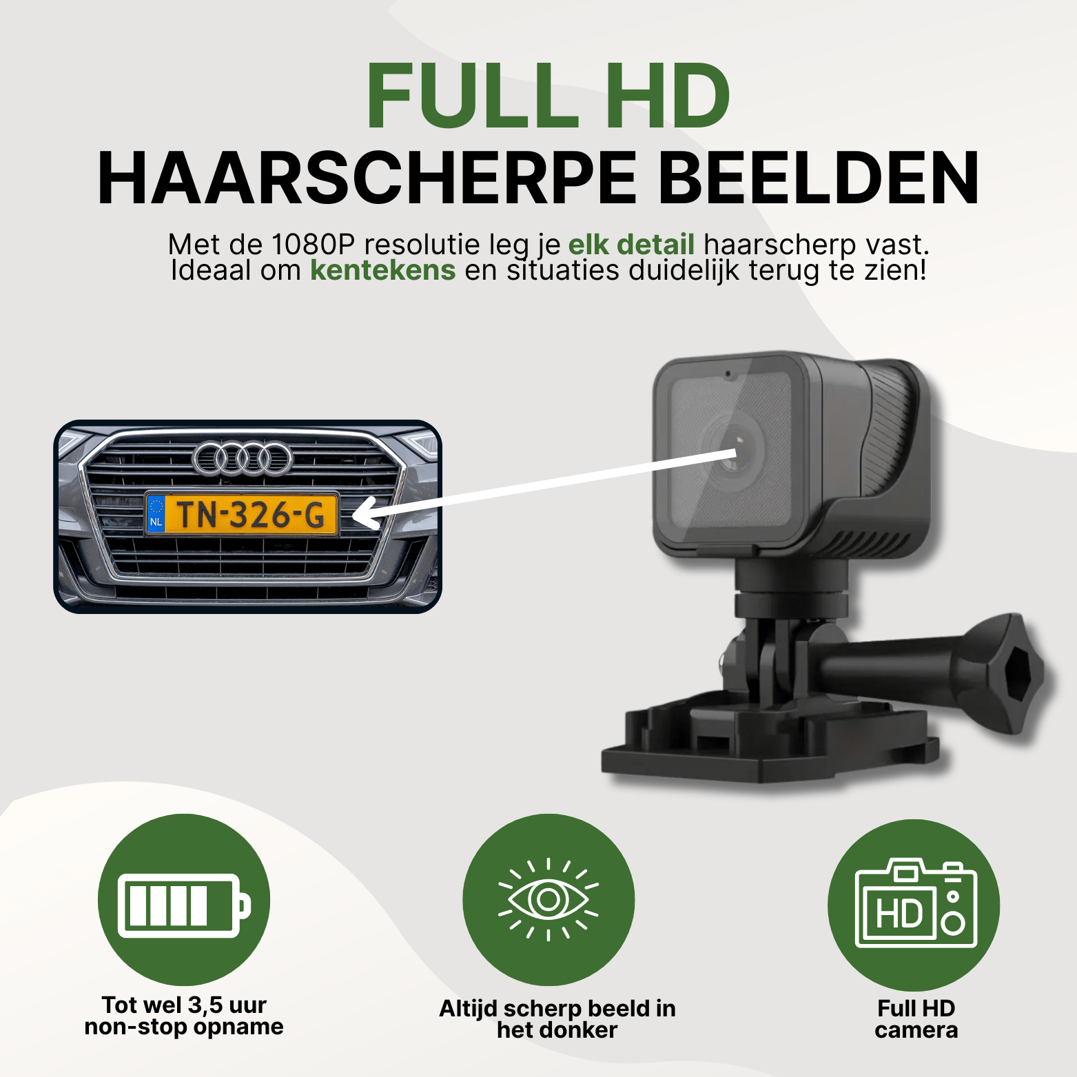 Zwarte RideGuard Pro dashcam met full HD beeldkwaliteit en kentekenherkenning op autogrill.