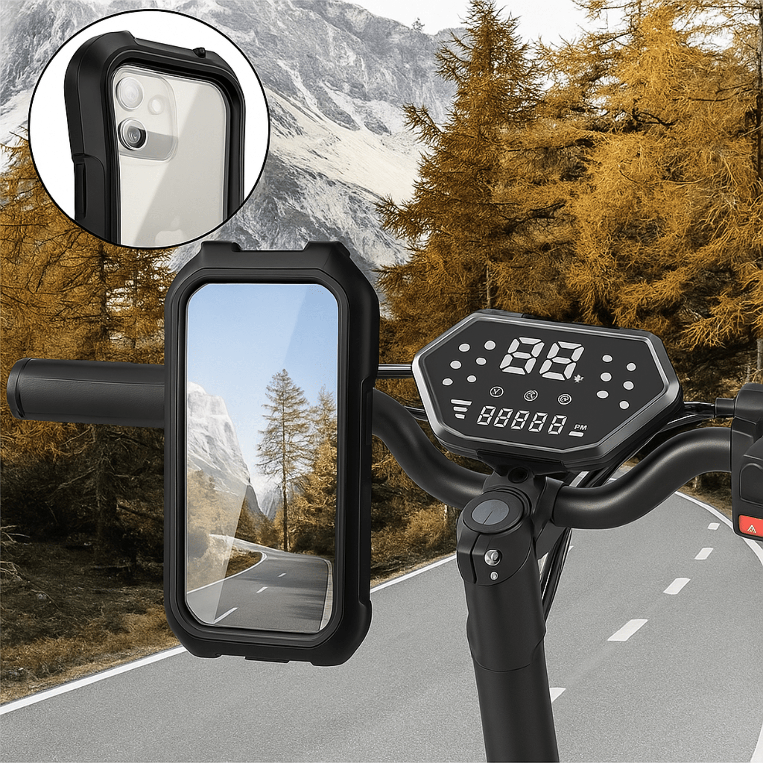 Waterdichte telefoonhouder gemonteerd op stuur van e-bike met berglandschap weerspiegeld in scherm.