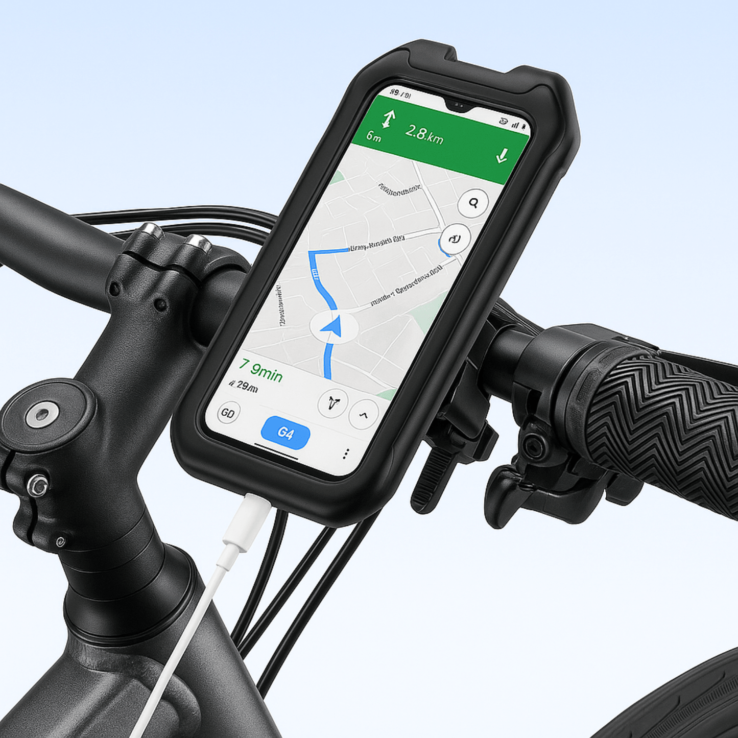 Zwarte telefoonhouder op fietsstuur met smartphone en navigatie-app zichtbaar.