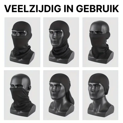 Zwarte ThermoShield™ balaclava getoond in zes draagstijlen op paspoppen, van volledig masker tot nekwarmer.
