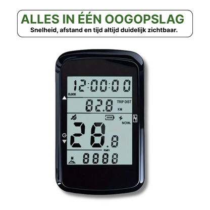 VeloxRide fietscomputer met groot scherm waarop snelheid, afstand en tijd in één oogopslag duidelijk zichtbaar zijn.