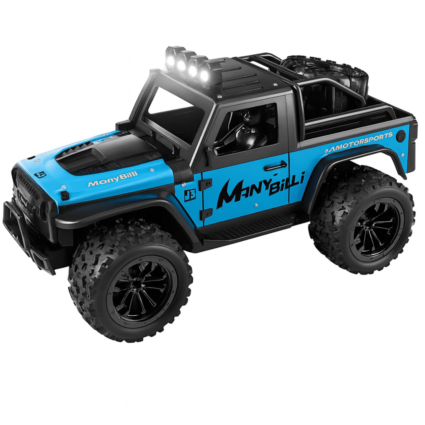 Blauw-zwarte VorteX bestuurbare auto met terreinbanden en vijf felle ledlampen op het dak.