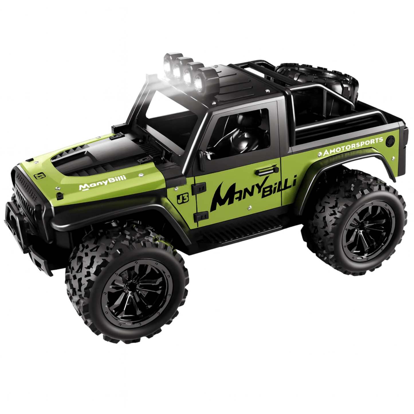Groen-zwarte VorteX bestuurbare offroad auto met grote profielbanden en felle dakverlichting.