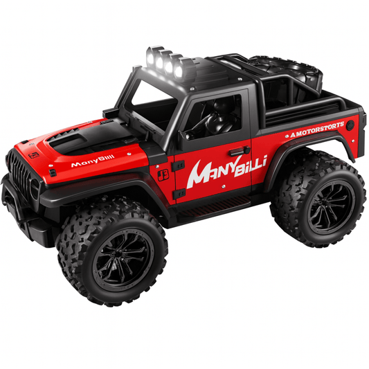 Rode en zwarte VorteX bestuurbare offroad auto met grote banden en dakverlichting.