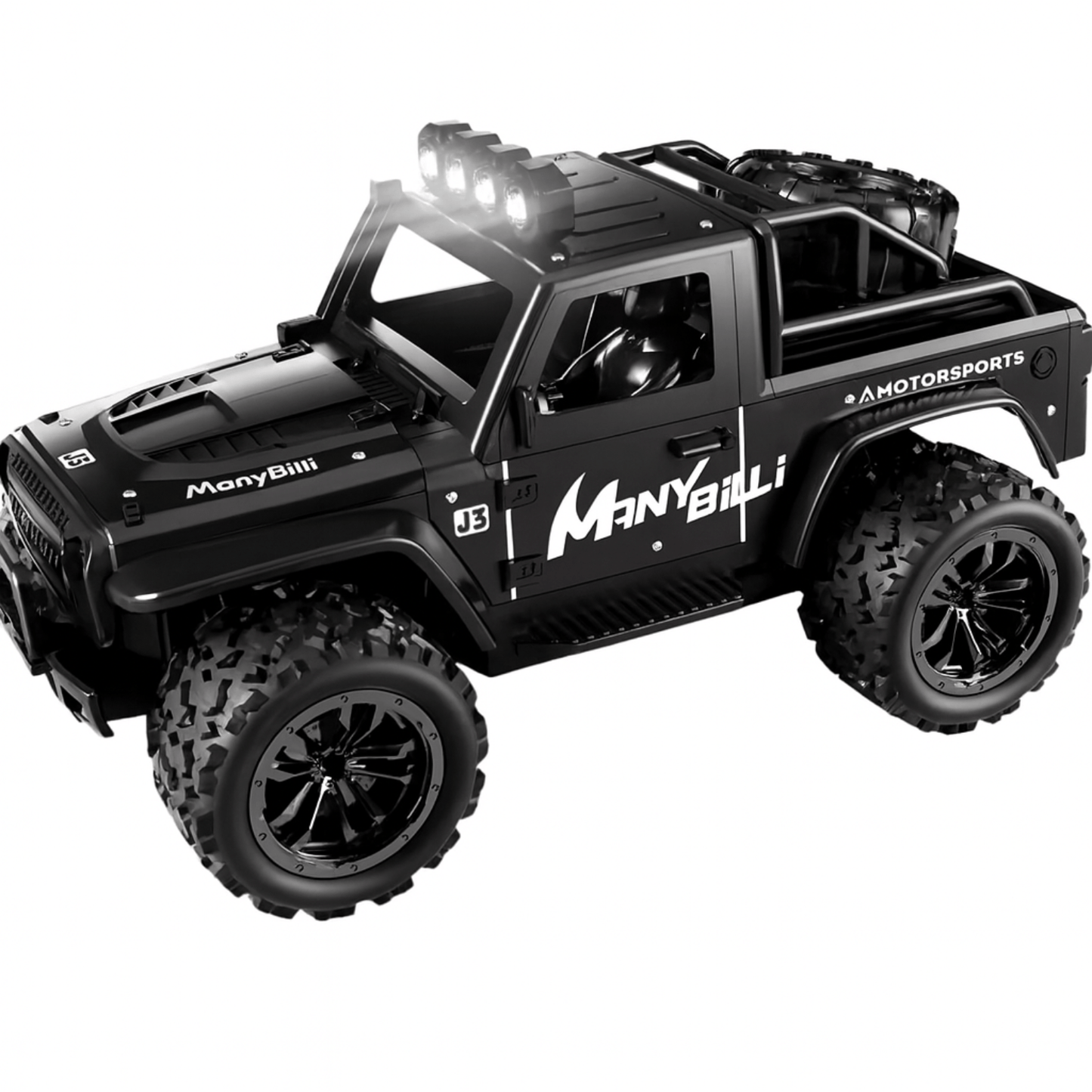 Zwarte VorteX bestuurbare offroad auto met robuuste banden en heldere ledverlichting op het dak.