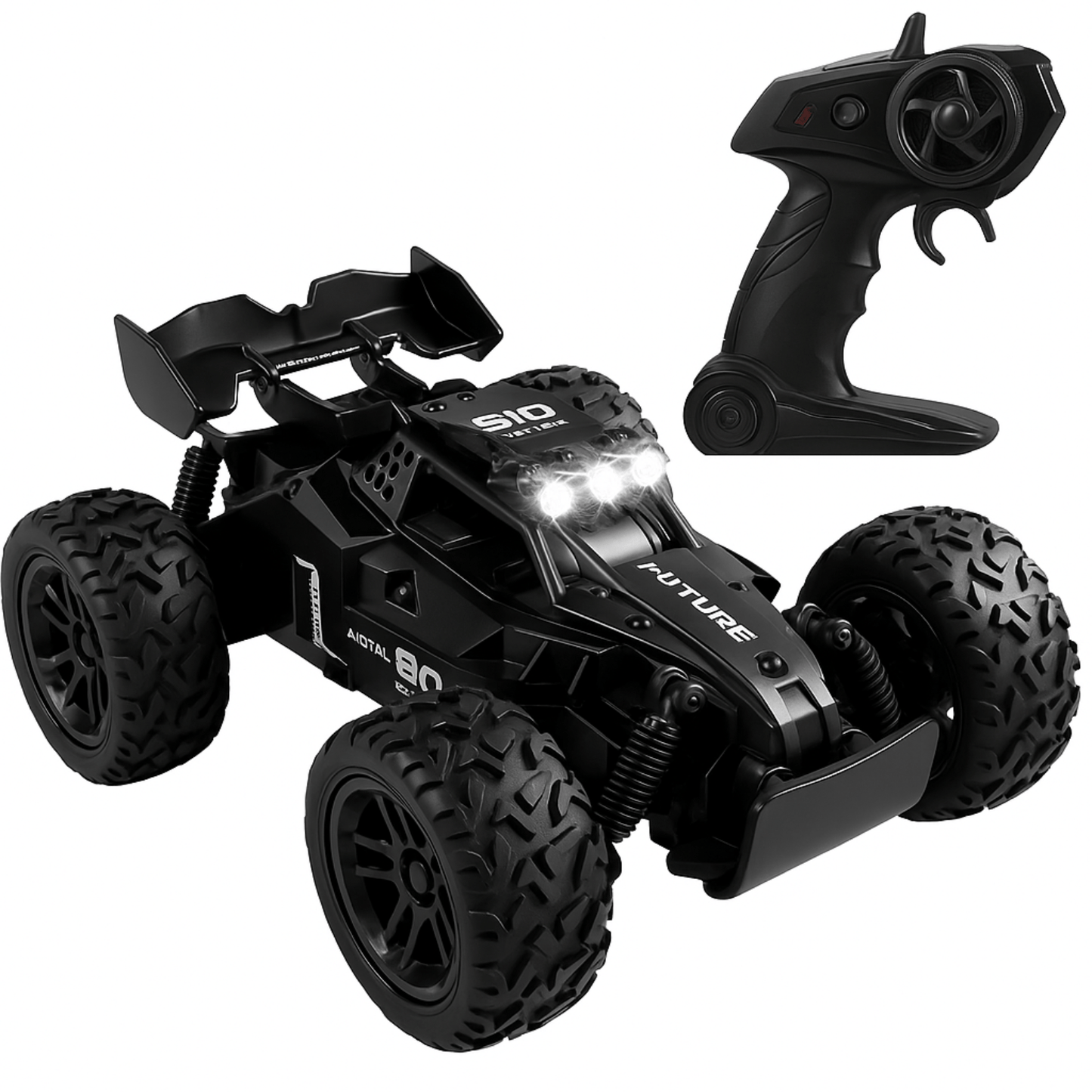 Zwarte bestuurbare auto met grove offroad banden, LED-verlichting en bijbehorende afstandsbediening.Select 88 more words to run Humanizer.